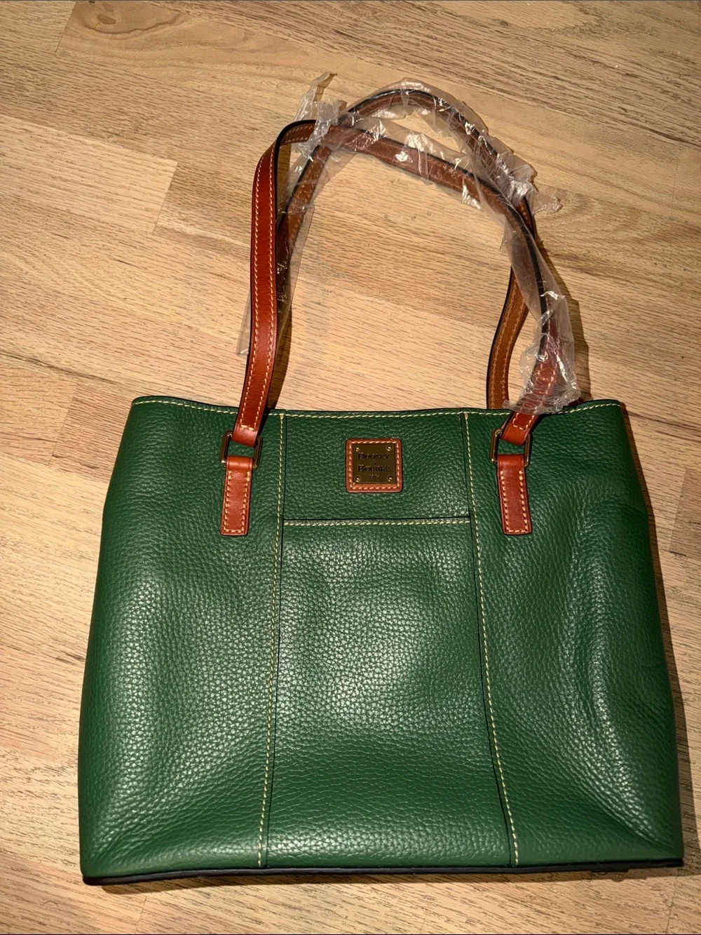Dooney & Bourke Green Pebbled Leather Tote with Brown Straps